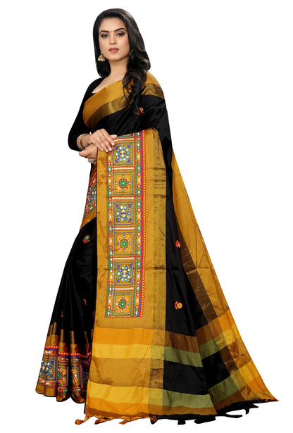 SERONA FABRICS Womens Banarasi Cotton Silk Embroidered Work Saree With Blouse Piece