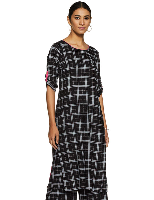 Aurelia Women's Rayon Checkered,Geometric Straight Kurta