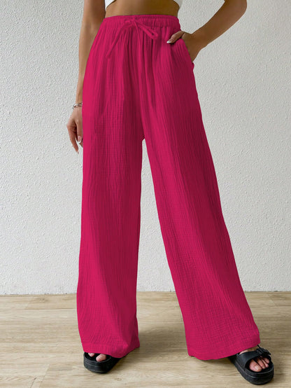 Shasmi Womens Hot Pink Loose Wide-Leg Pants with Textured Wrinkled Fabric and Drawstring Waist Long Trousers (Pant 157 Hot Pink