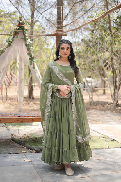 Fashion Basket WomenS Georgette Solid Anarkali Dress Green