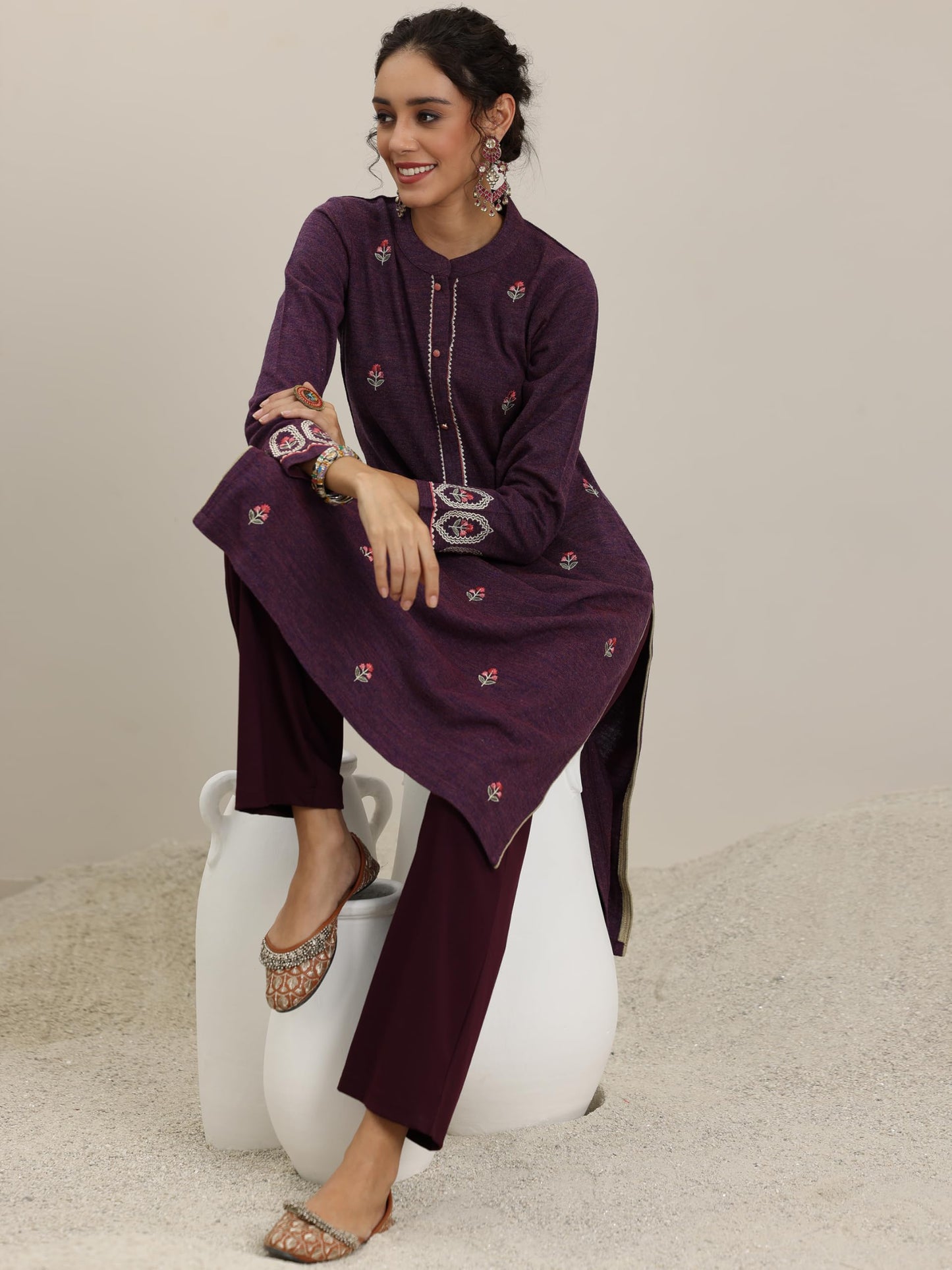 Libas Womens Wool Regular Kurta (58143W_Burgundy