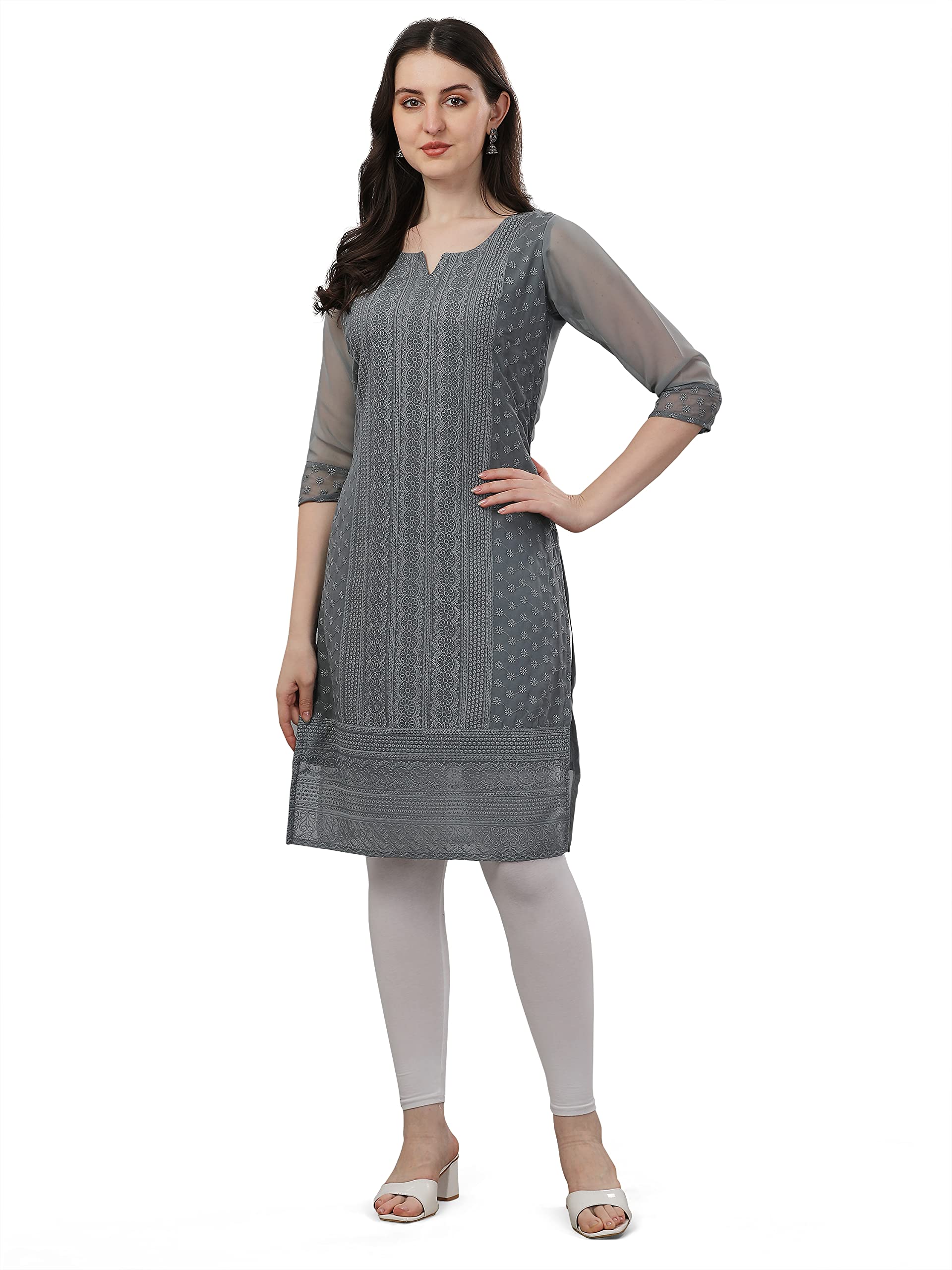 Fashion2wear Womens Georgette Chikankari Embroidered Notched Neck 3/4 Sleeve Knee Length Straight Kurta for Girls (Biba_Kurti_G