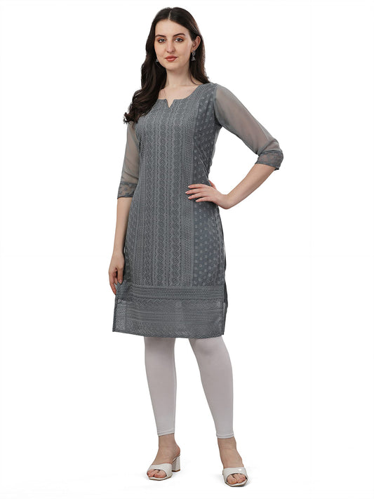 Fashion2wear Womens Georgette Chikankari Embroidered Notched Neck 3/4 Sleeve Knee Length Straight Kurta for Girls (Biba_Kurti_G
