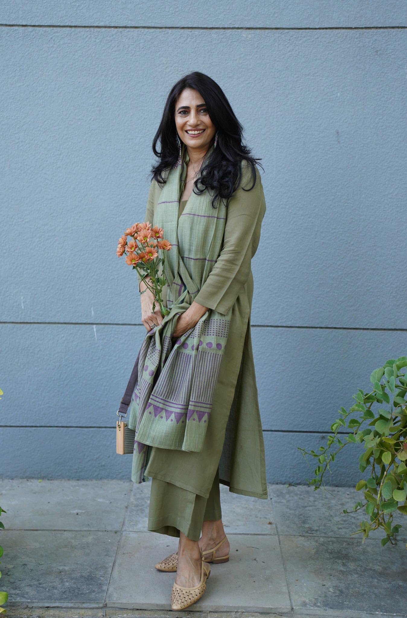GoSriKi Women's Rayon Blend Kurta Set with Pants & Dupatta, Green, Large, Model Raja Saab Beige-GS