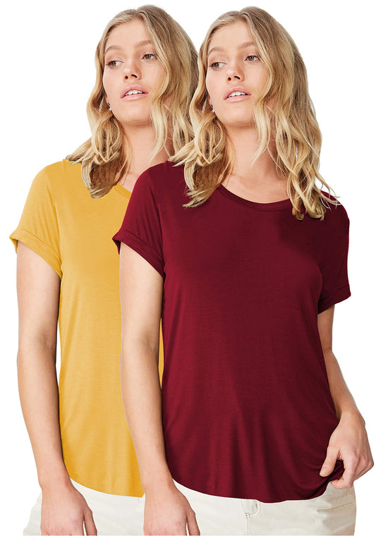 Fabricorn Stylish Combo of Plain Burgundy and Mustard Yellow Color Up and Down Cotton Tshirt for Women (Mustard Yellow and Burgu
