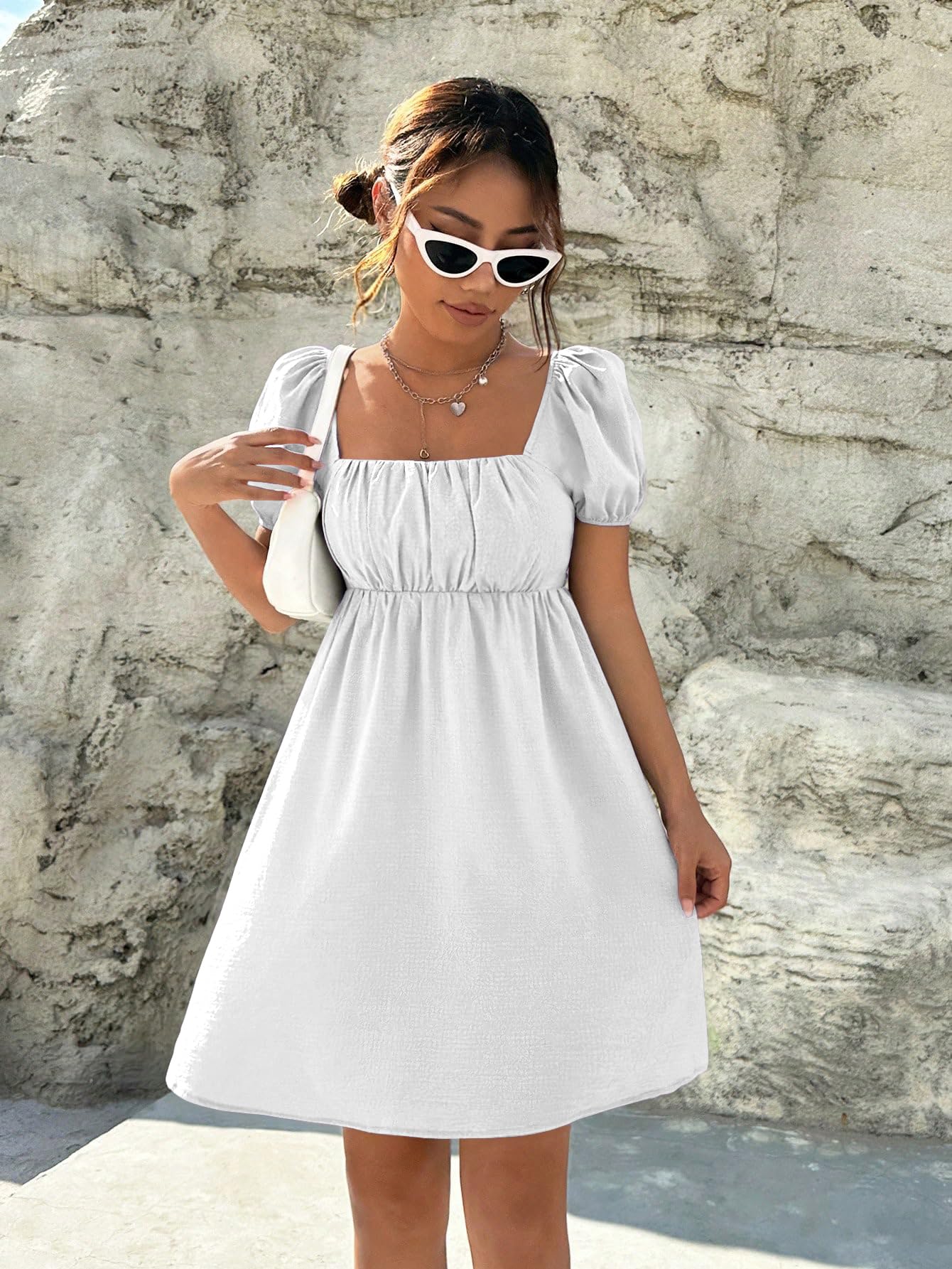 Shasmi WomenS & GirlS Dress For Women L One Piece Dress For Women L Beach Dress For Women, Solid Textured Puff Sleeve Square N