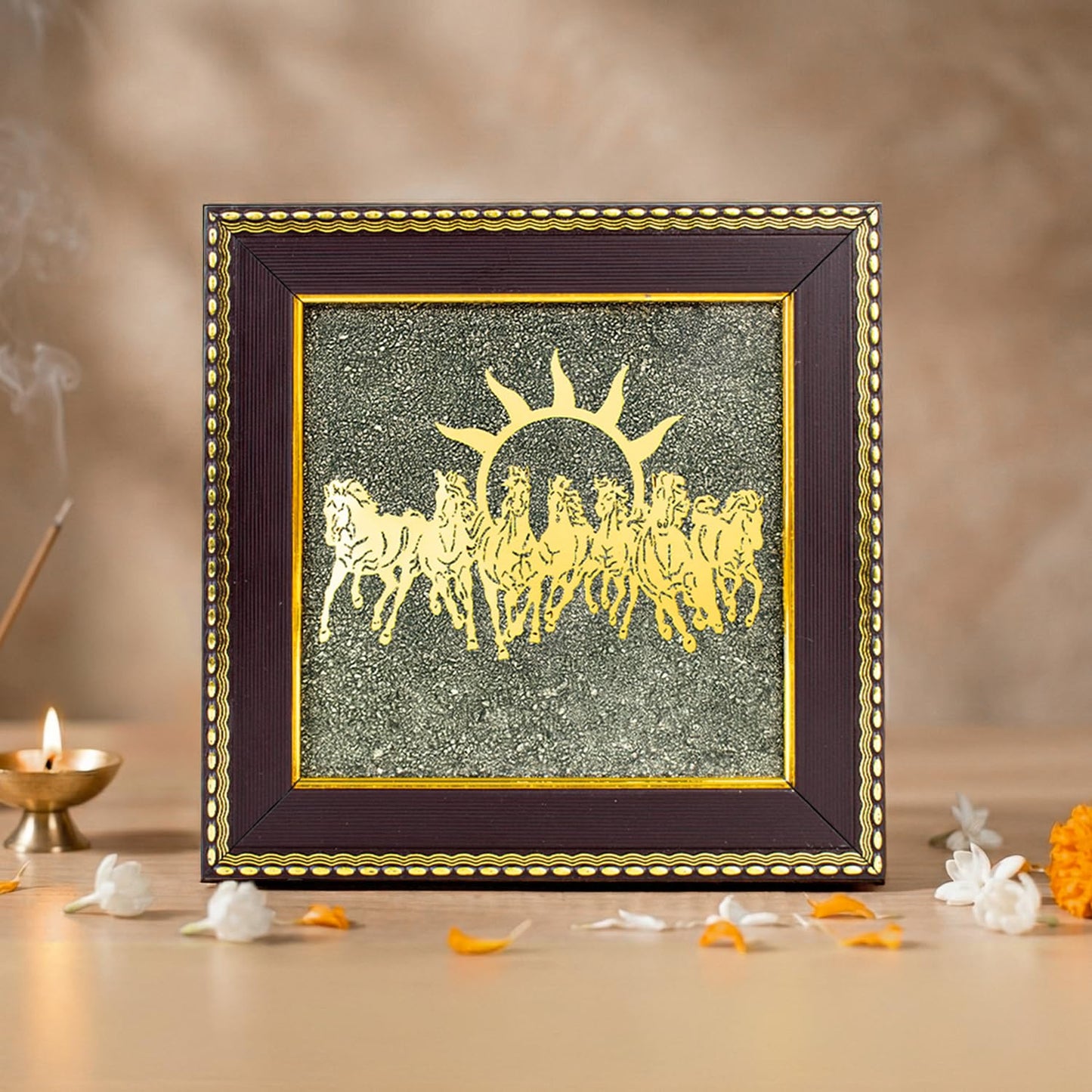 Astrotalk 7 Horses on Raw Pyrite Frame | Seven Horses Wall Decor Pyrite Stone Frame for Success & Fame | Vastu Items for Money Attraction | Wall Decor | Ideal Gift | 7.5x7.5 Inch | 1 Piece