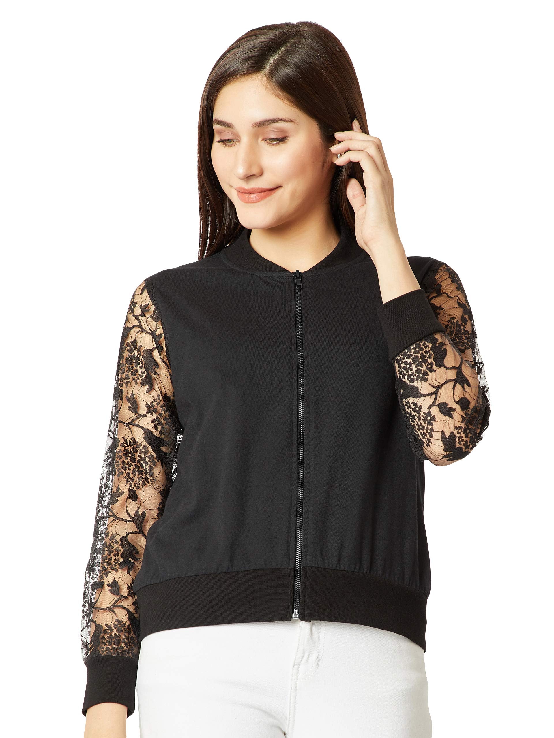 Miss Chase WomenS Black Lace Bomber Jacket(Mcaw18Jkt02-23-62-03_Black_Small)