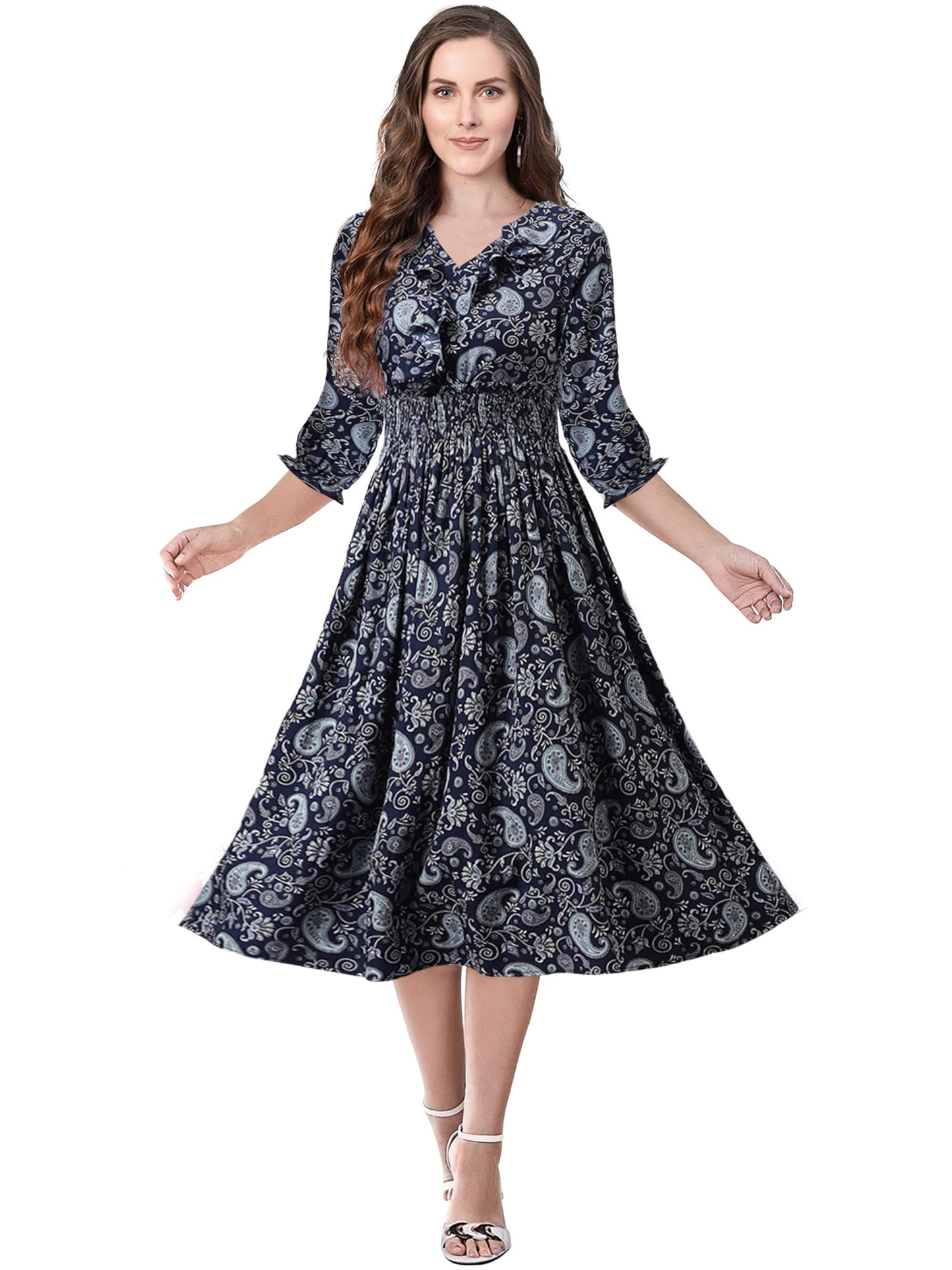 Toochki WomenS Navy Blue Rayon Paisley Print Fit & Flared Western Dress | Dress For Women | A Line Dress | Winter Dress | Weste