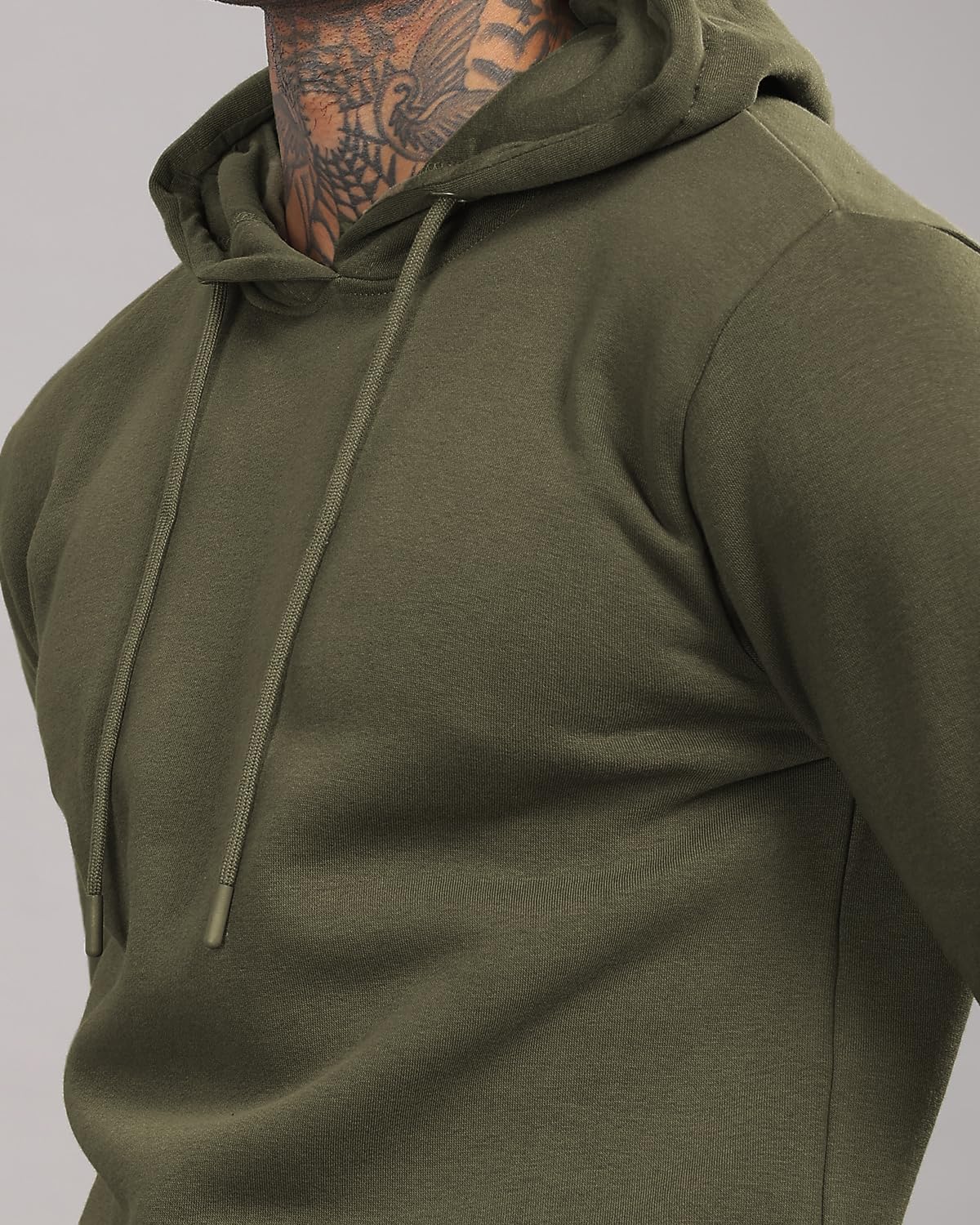 ADRO Men's Cotton Neck Hooded Sweatshirt (H24-M-PLN-OL_Olive