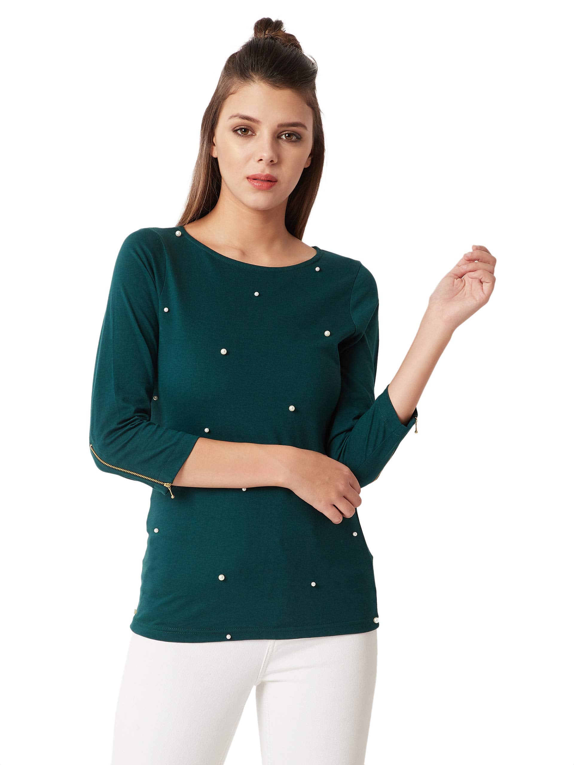 Miss Chase WomenS Green Cotton Pearl Top(Mcaw18Tp11-83-48-02_Green_X-Small)