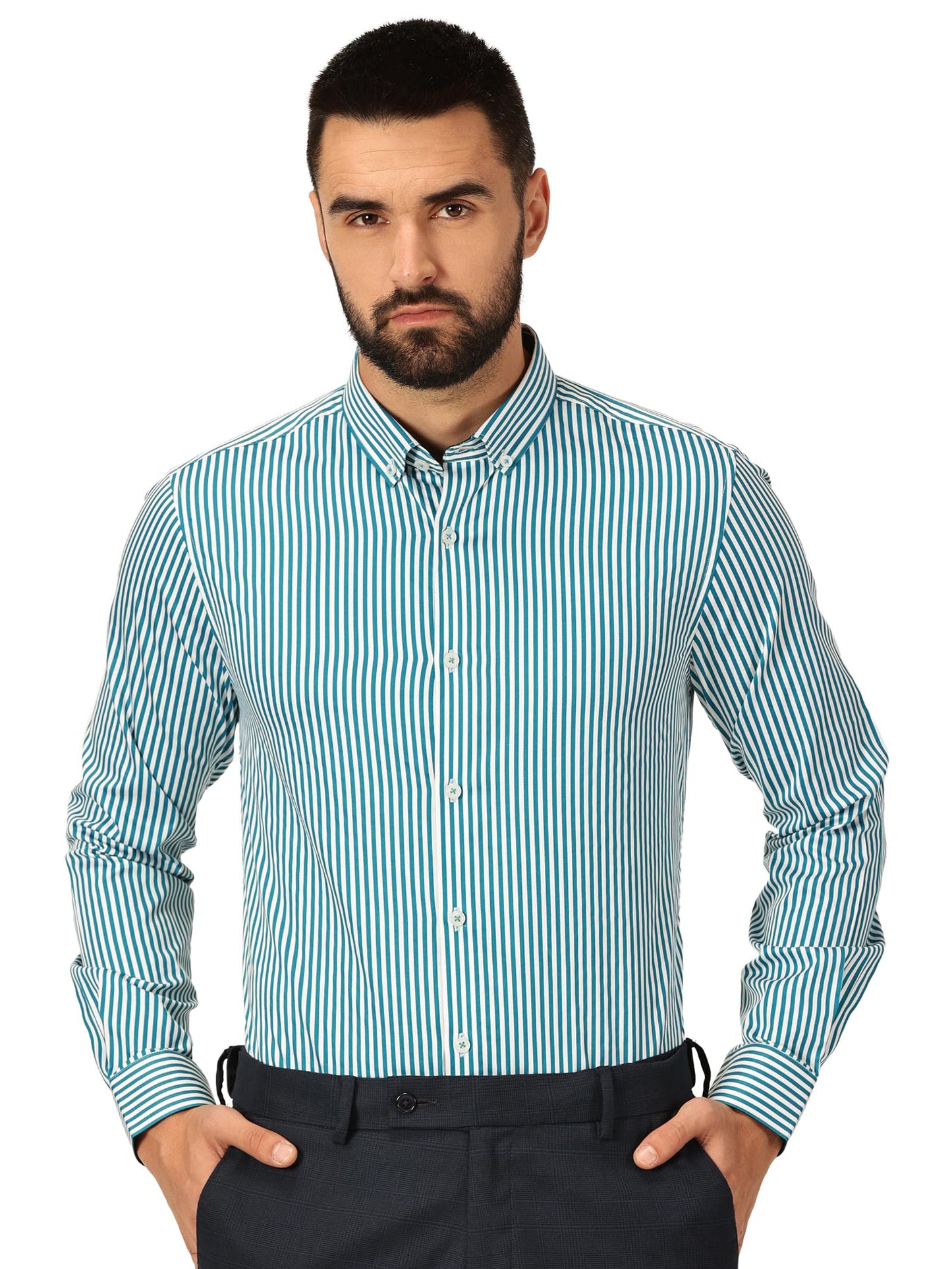 Thomas Scott 100% Cotton Full Sleeves Button-Down Collar Slim Fit Formal Shirt for Mens Turquoise