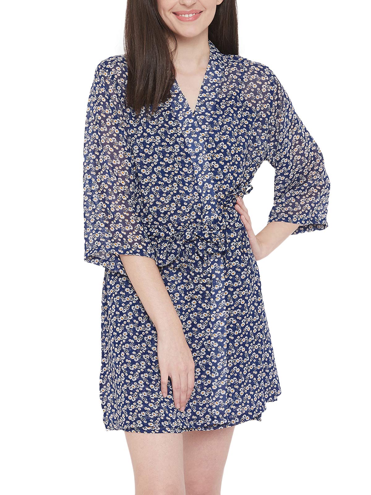 Clovia Womens Georgette Print Me Pretty Robe (NS1329D08_Blue_XL)