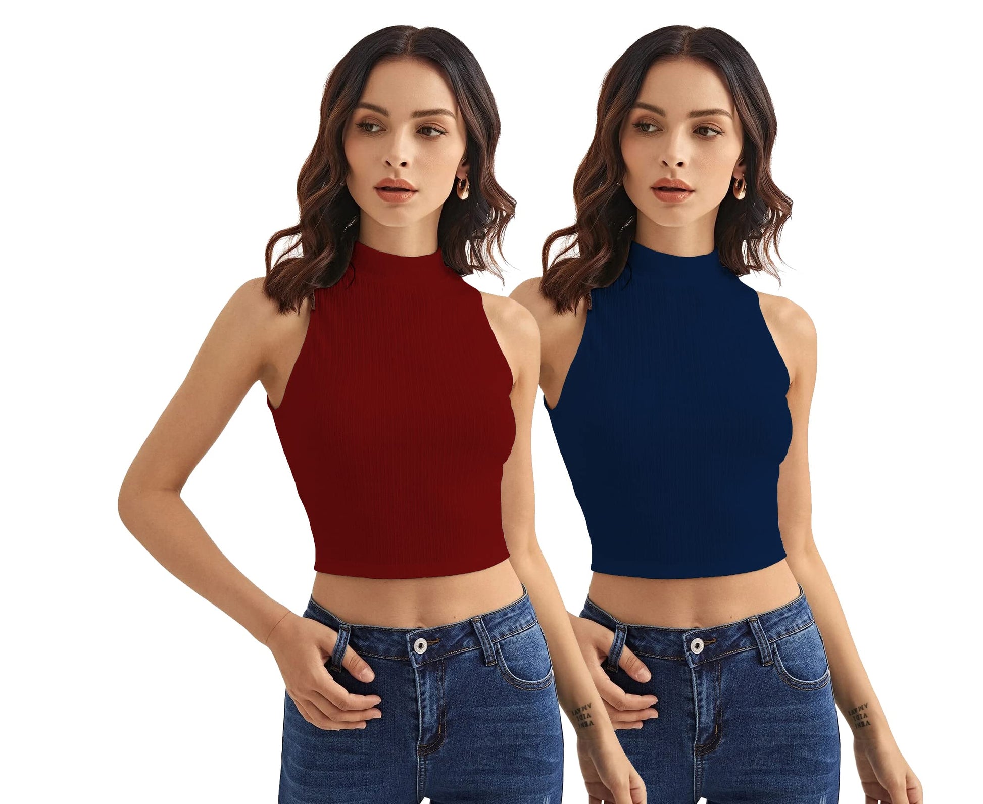 Shasmi Womens & Girls Solid Ribbed Round Neck Collarless Sleeveless Slim Fit Simplicity Tank Tops (Pack of 2) (TOP 37 Maroon N