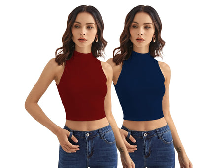 Shasmi Womens & Girls Solid Ribbed Round Neck Collarless Sleeveless Slim Fit Simplicity Tank Tops (Pack of 2) (TOP 37 Maroon N