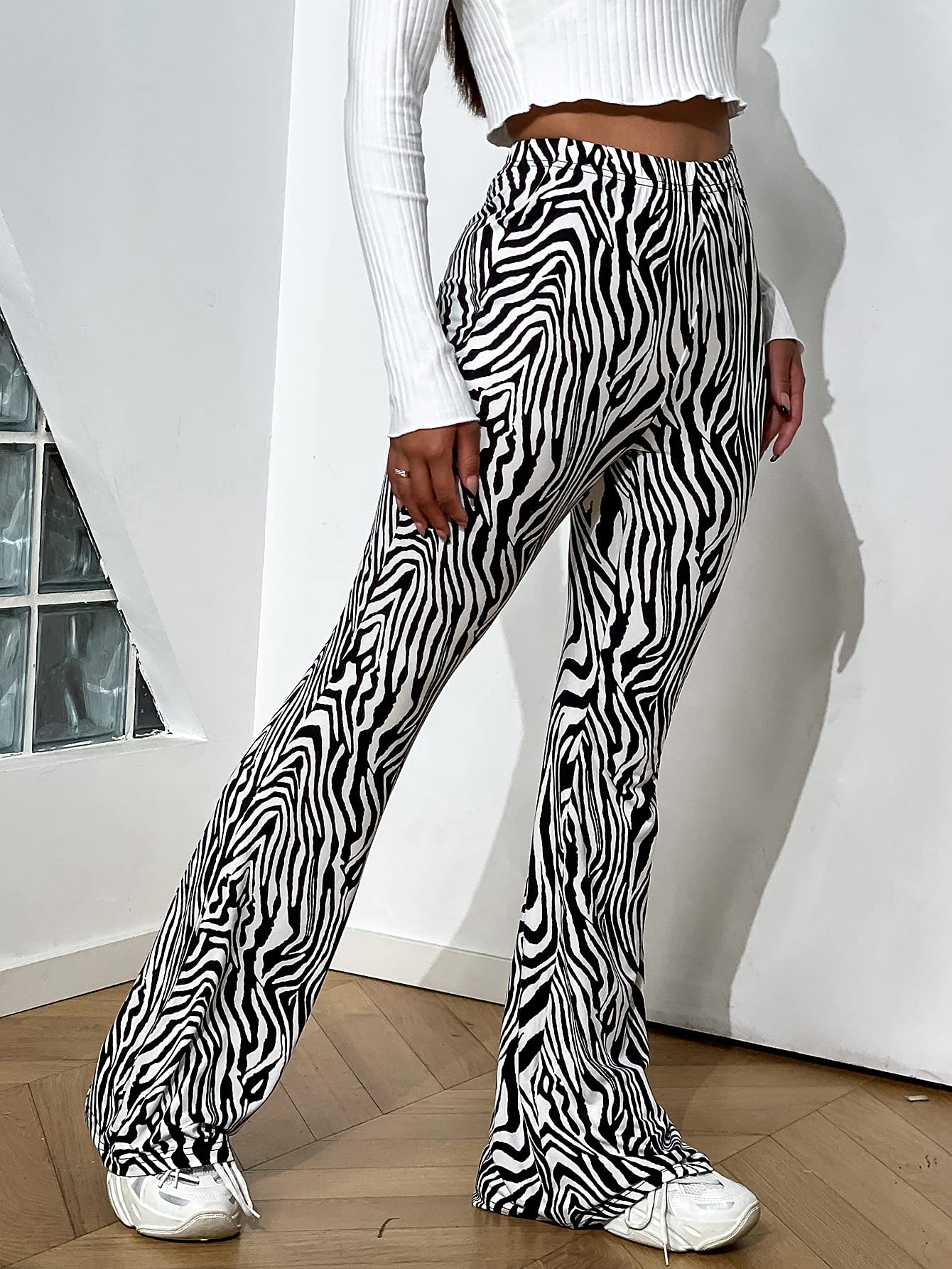 AVANOVA Womens & Girls Black Leriya Stripe Print Dress Pants Stretchy Work Slacks Business Casual Office Bell-Bottom/Boot-Cut E