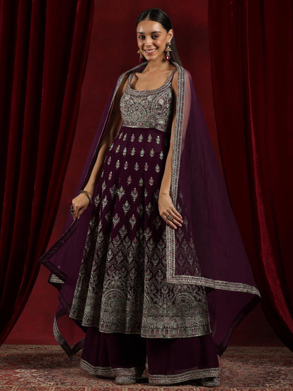 Libas Art Womens Embroidered Georgette A-Line Kurta With Palazzos And Dupatta