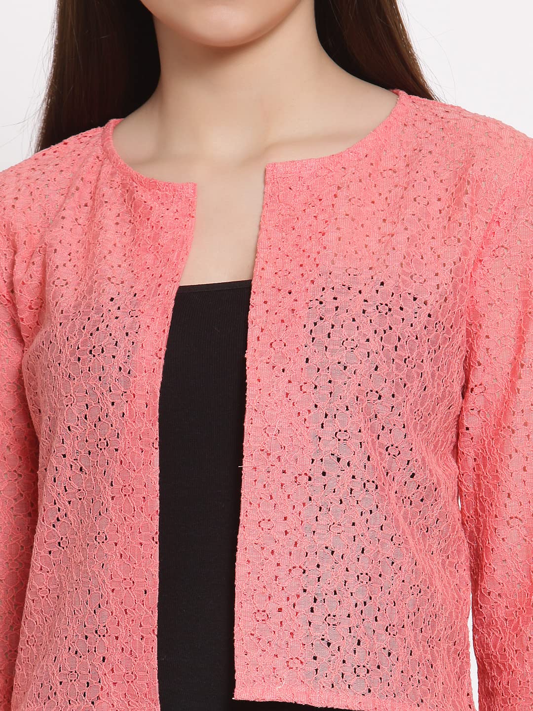 Style Quotient Women Coral Self Design Floral lace Regular Open Front Shrug