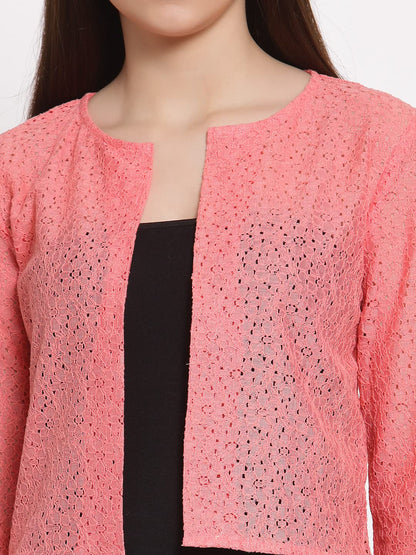 Style Quotient Women Coral Self Design Floral lace Regular Open Front Shrug