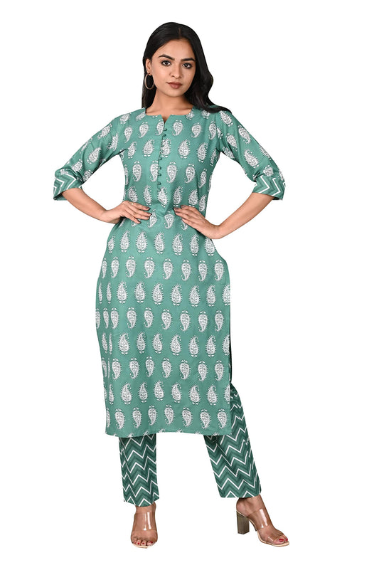 GoSriKi Women's Cotton Blend Straight Printed Kurta with Pant (Jugni-GO)