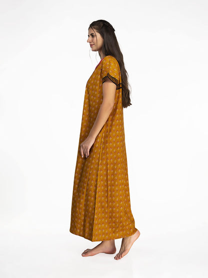 Evolove WomenS Cotton Long Maxi Night Gown Nighty Dress With Pocket, Super Soft Comfortable (Dark Mustard Black & Red, Lngco165