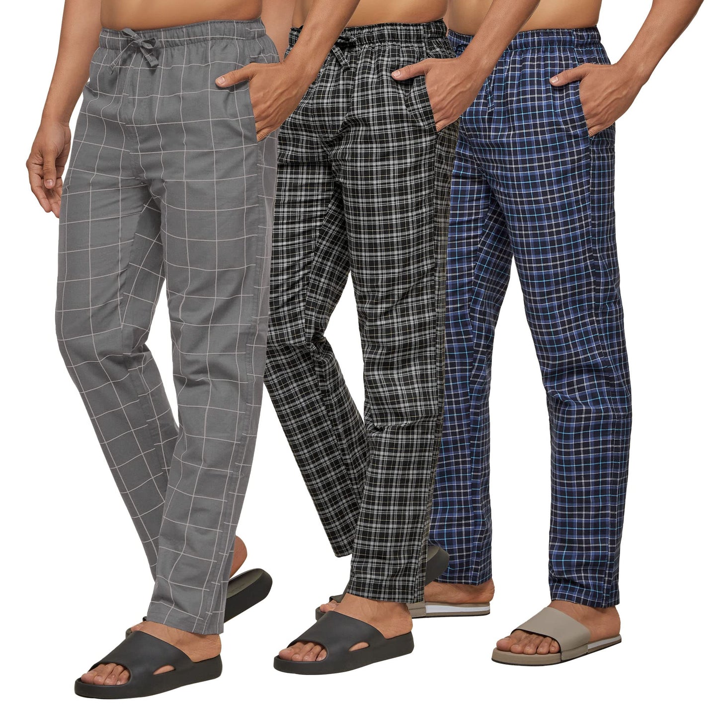 XYXX Mens Super Combed Cotton Checkered Checkmate Pyjamas [Pack of 3] Elasticated Waist, Drawstring | Loungewear for Men in Blu