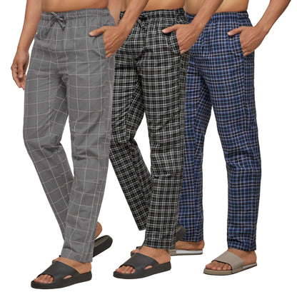 XYXX Mens Super Combed Cotton Checkered Checkmate Pyjamas [Pack of 3] Elasticated Waist, Drawstring | Loungewear for Men in Blu