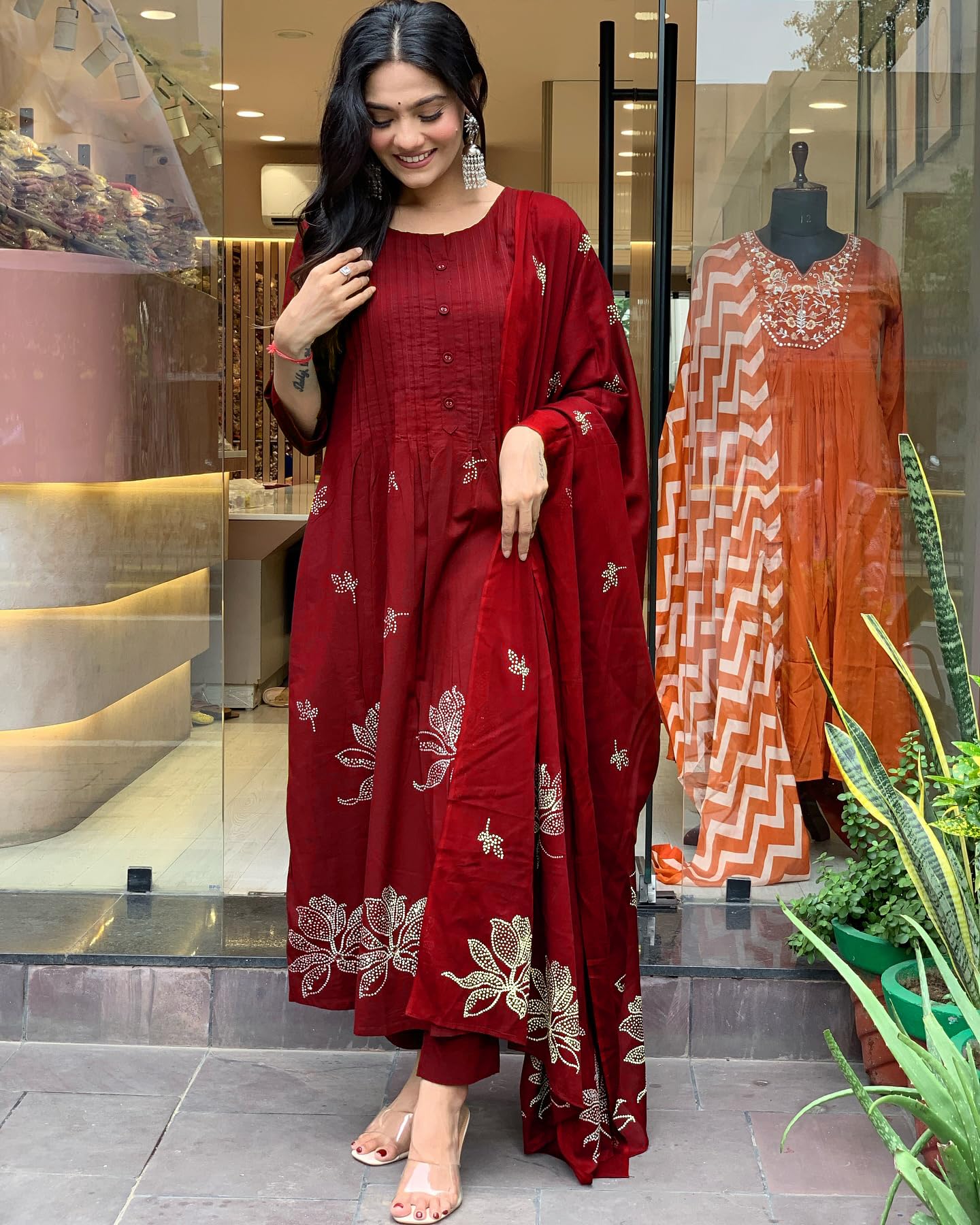 GoSriKi Women's Anarkali Kurta Set with Trousers & Dupatta, XL, Red, Gangori Wine-GS