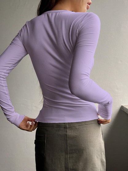 Shasmi Womens & Girls Light Purple Long Sleeve Round Neck Solid Color Ruched Workwear Casual Top Half Button Down Henley T-Shi