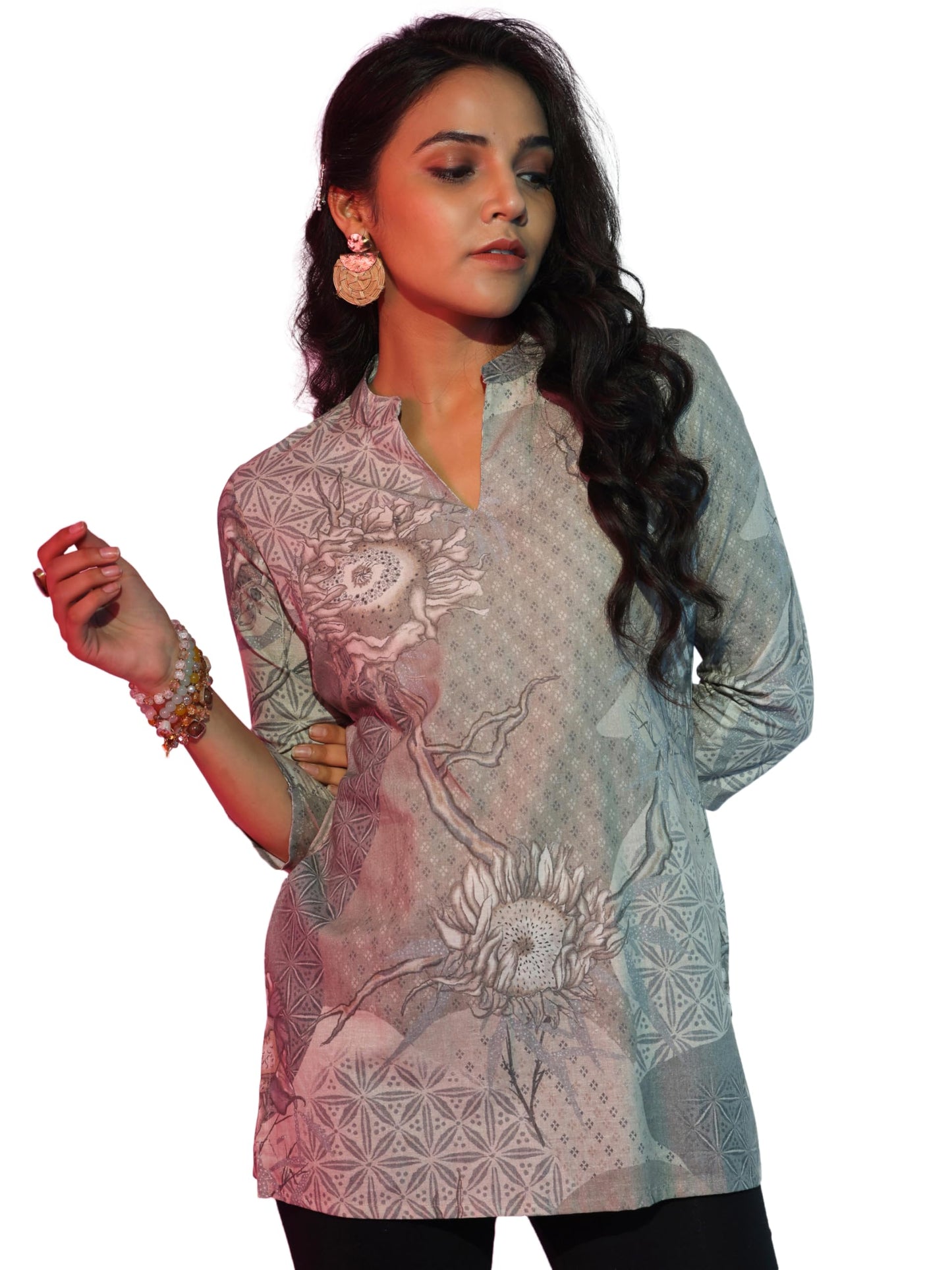 Libas WomenS Linen Floral Straight Kurti (58166_Off White