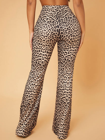 AVANOVA Womens & Girls Lepard Black Lepard Print Dress Pants Stretchy Work Slacks Business Casual Office Bell-Bottom/Boot-Cut E