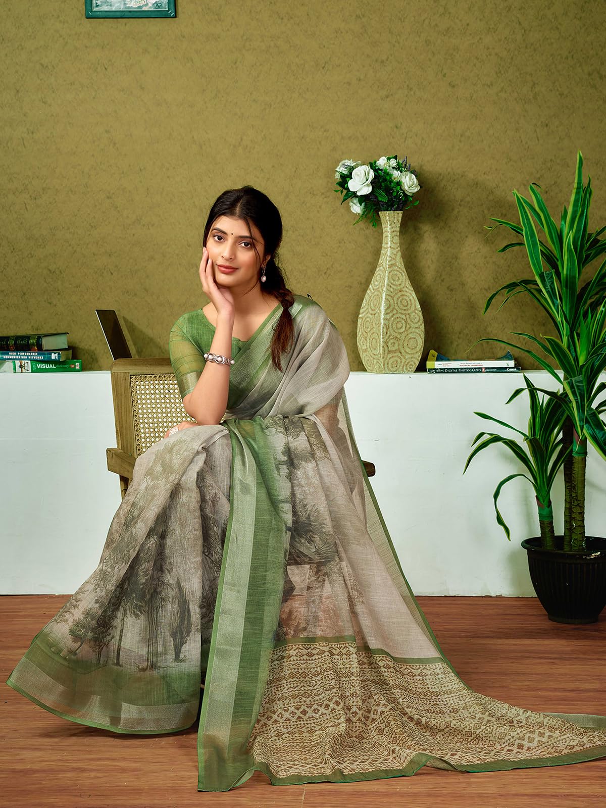 Satrani Womens Linen Printed & Zari Border Ready To Wear One Minute Pre Pleated Readymade Saree with Unstitched Blouse Piece (3