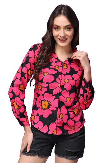 POPWINGS Printed Full-Sleeves Regular-Fit Polyester Printed Shirt for Women Stylish Western Casual Wear