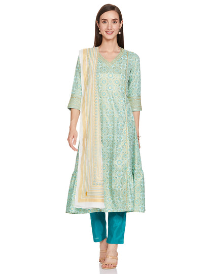 Green Printed Kurta-Golden Trouser- Dupatta Set