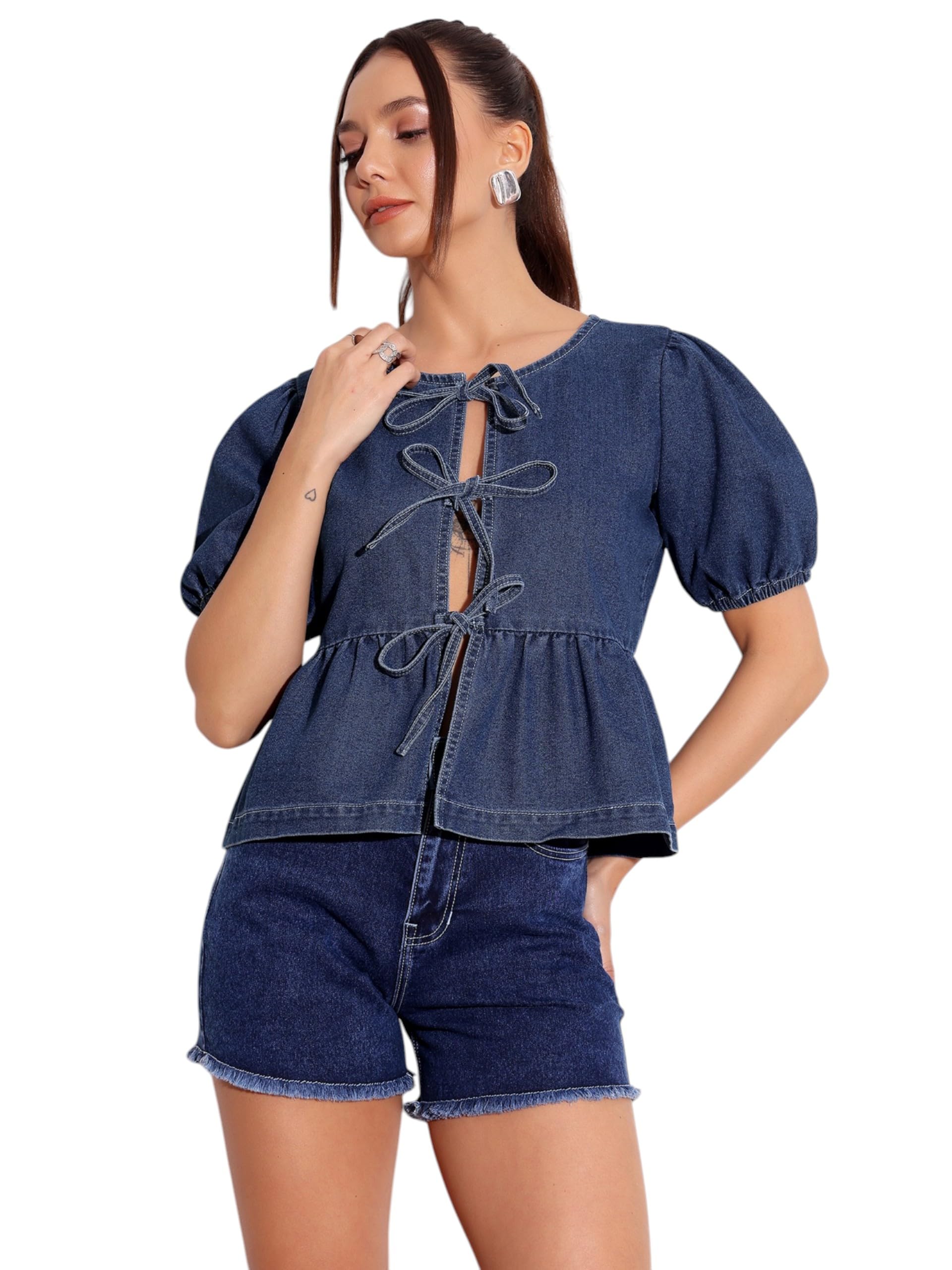 Miss Chase Womens Round Neck Puff Sleeve Solid Denim Peplum Top (MCSS25DEN03-39-57-04, Dark Blue, M)