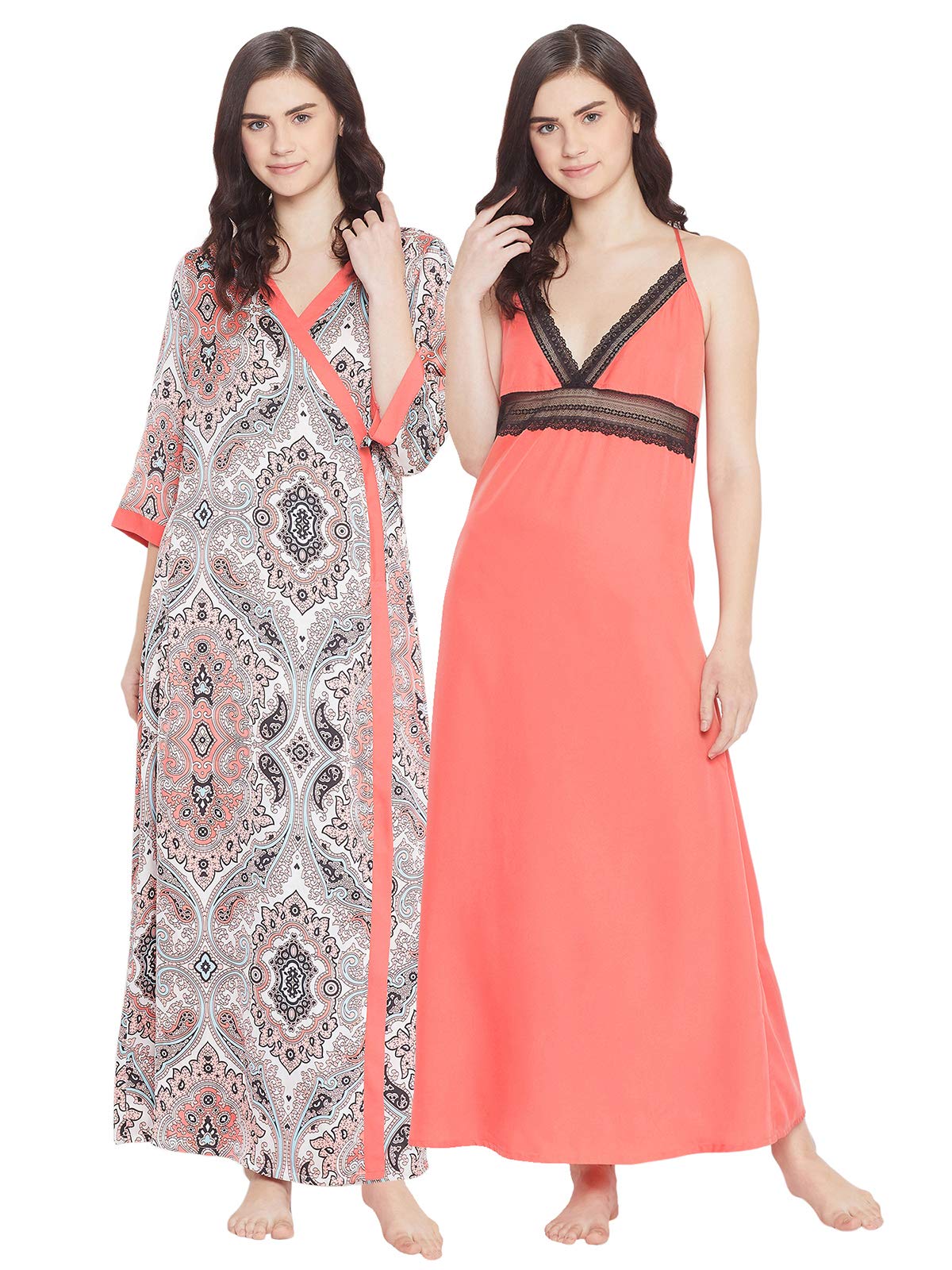 Clovia Womens Long Nighty & Printed Robe (NS1305P16_Orange_S)