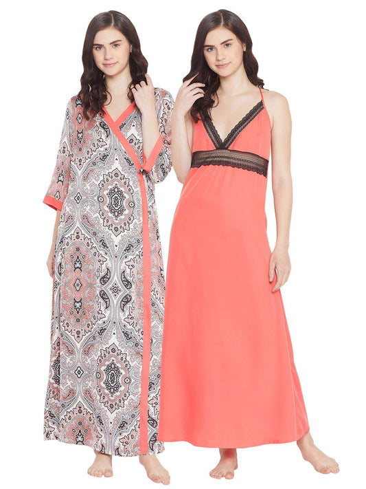 Clovia Womens Long Nighty & Printed Robe (NS1305P16_Orange_S)