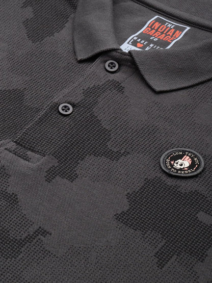 The Indian Garage Co Men Slim Fit Abstract Printed Polo Collar Tshirt Grey