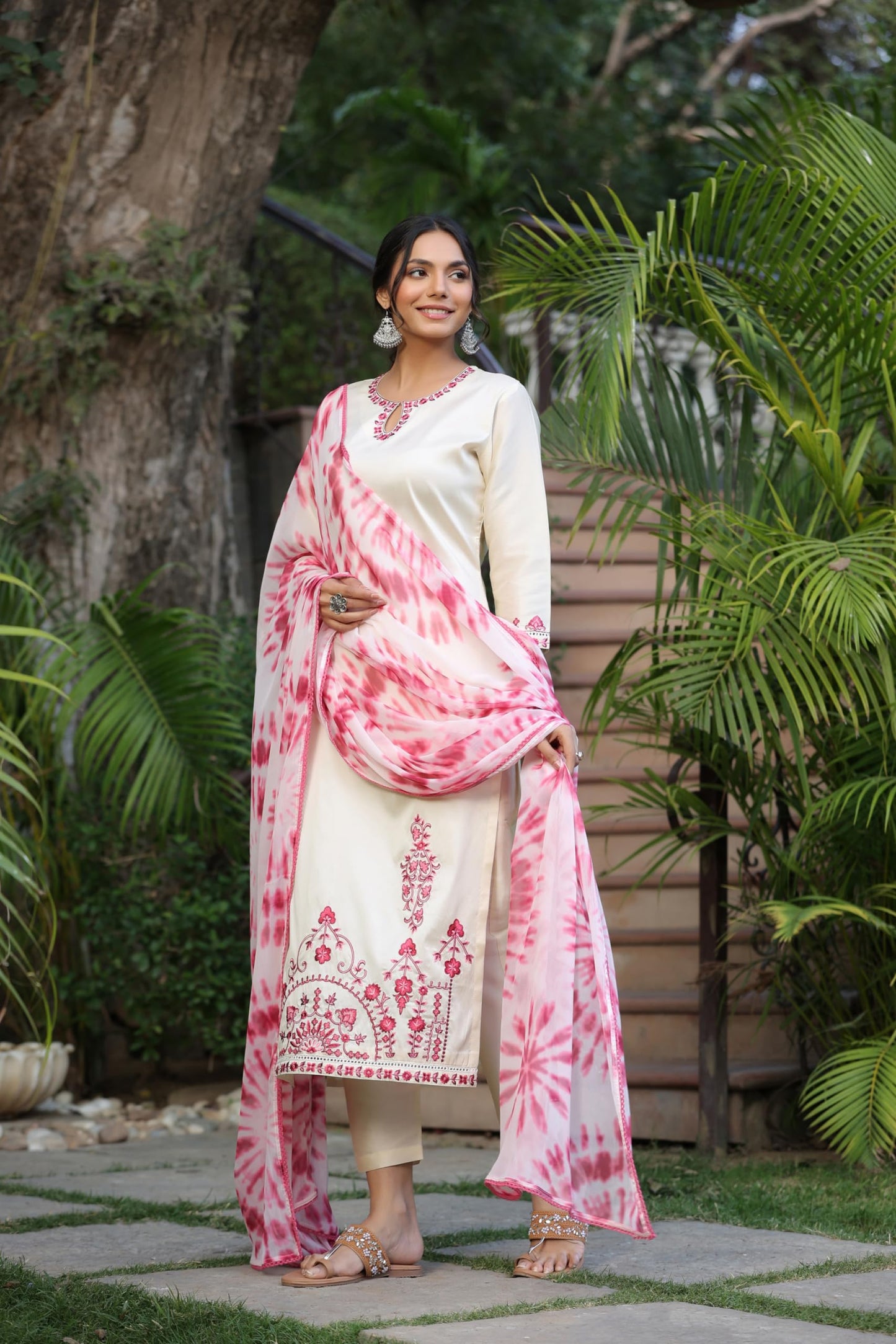 GoSriKi Womens Cotton Blend Straight Embroidered Kurta with Pant & Dupatta (BHAVI Cream-GS_L_Cream_Large)
