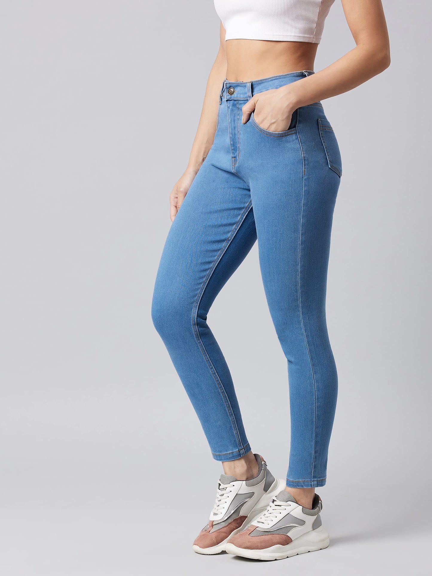 Miss Chase WomenS Solid Skinny High Rise Clean Look Cropped Fringe Detailing Solid Stretchable Denim Jeans (Mcss23Den99-67-115-