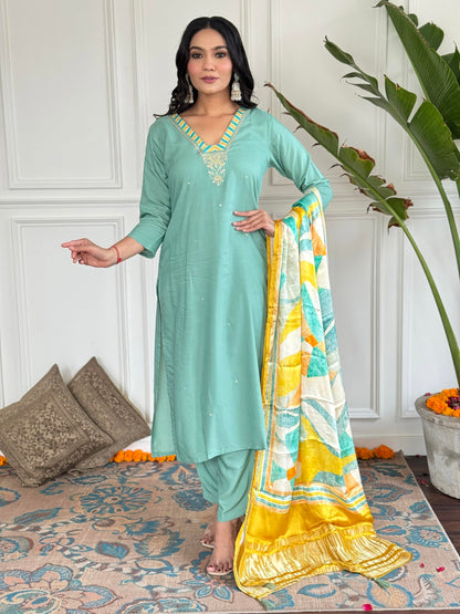 Naixa WomenS Firoji Viscose Embroidered Straight Kurta With Viscose Pant And Jaquard Silk Printed Dupatta Sets (Nx-461-Firoji-X