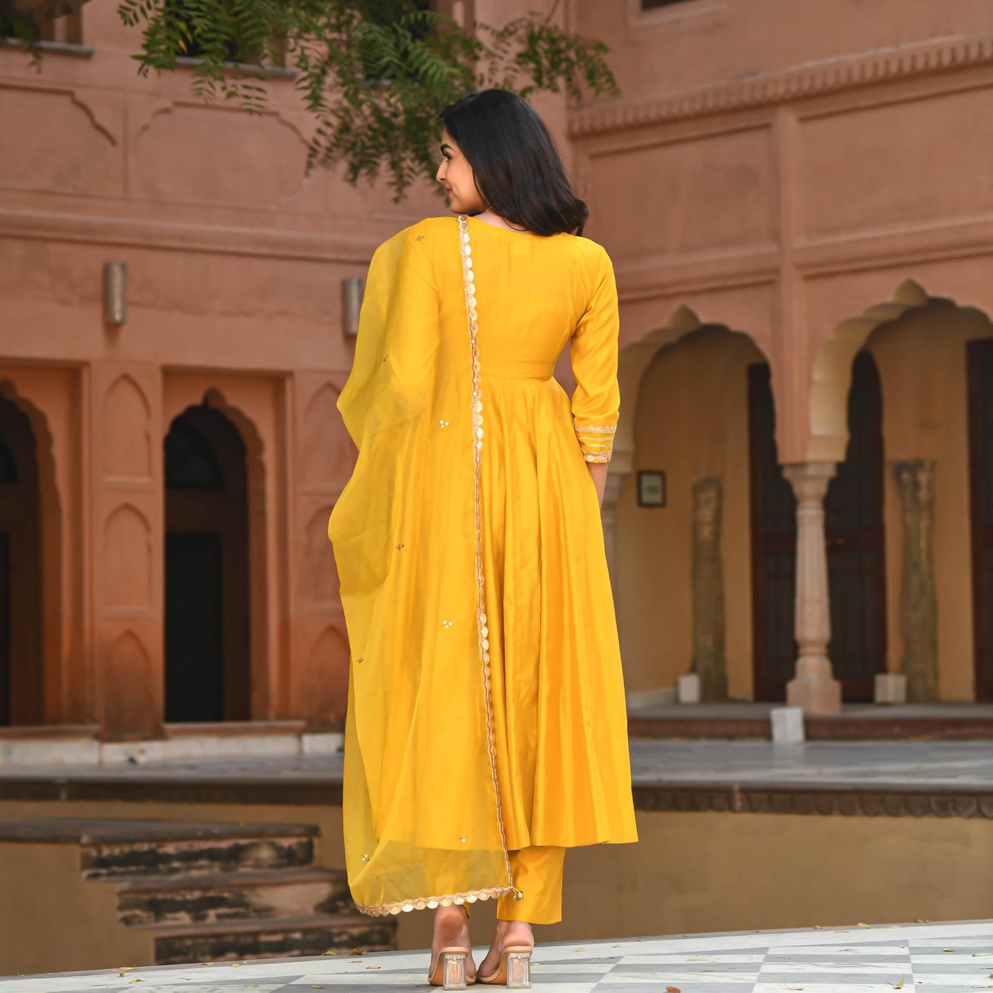 GoSriKi Anarkali Kurta Set for Women, Rayon Blend, Yellow, Size 48, Model SITAPATI YELLOW-GS