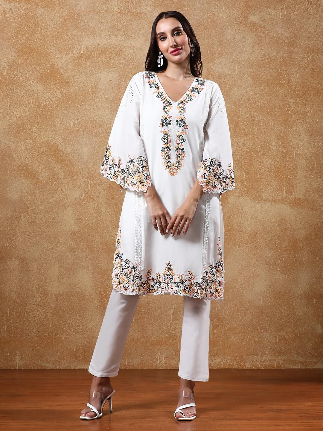 Varanga Floral Embroidered Pure Cotton Flared Sleeves V-Neck Straight Kurta With Trousers