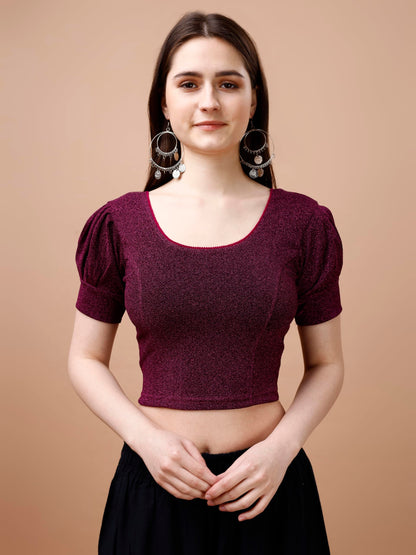 Pujia Mills WomenS Readymade Shining Lycra Stretchable Round Neck Half Puff Sleeve Blouses Lycra Stretchable Wine Color Blouse