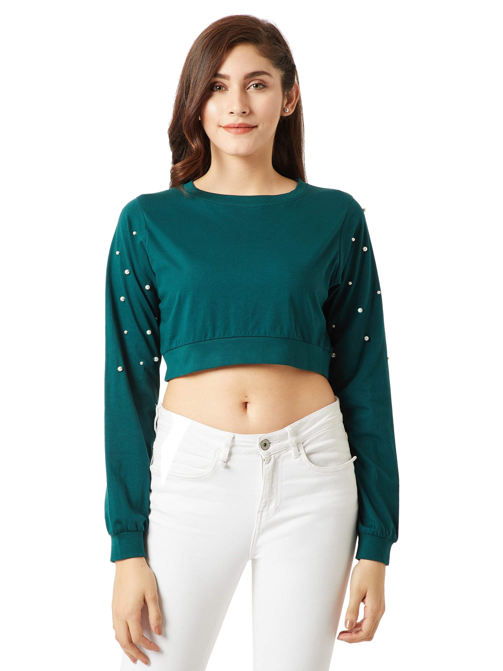 Miss Chase WomenS Green Pearl Boxy Crop Top(Mcaw18Tp11-55-48-06_Green_X-Large)