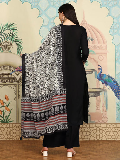 Ishin V-Neck Yoke Design Regular Mirror Work A-Line Kurta With Palazzos & Dupatta | Kurta Set For Women | Kurta With Trousers An