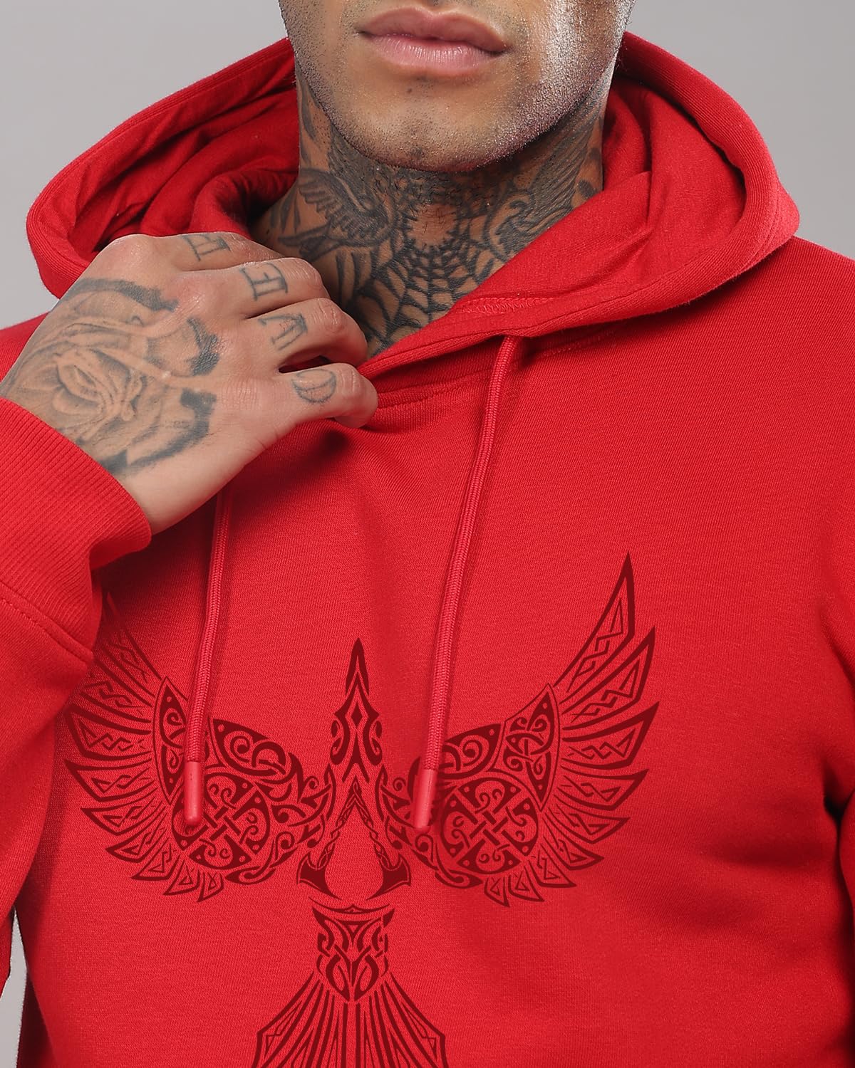 ADRO Mens Cotton Neck Hooded Sweatshirt (H24-BIRD-RD_Red