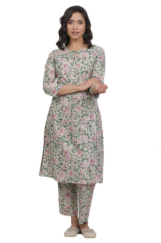 W Women's Off White Floral Printed Cotton Kurta and Pant Set with Gota