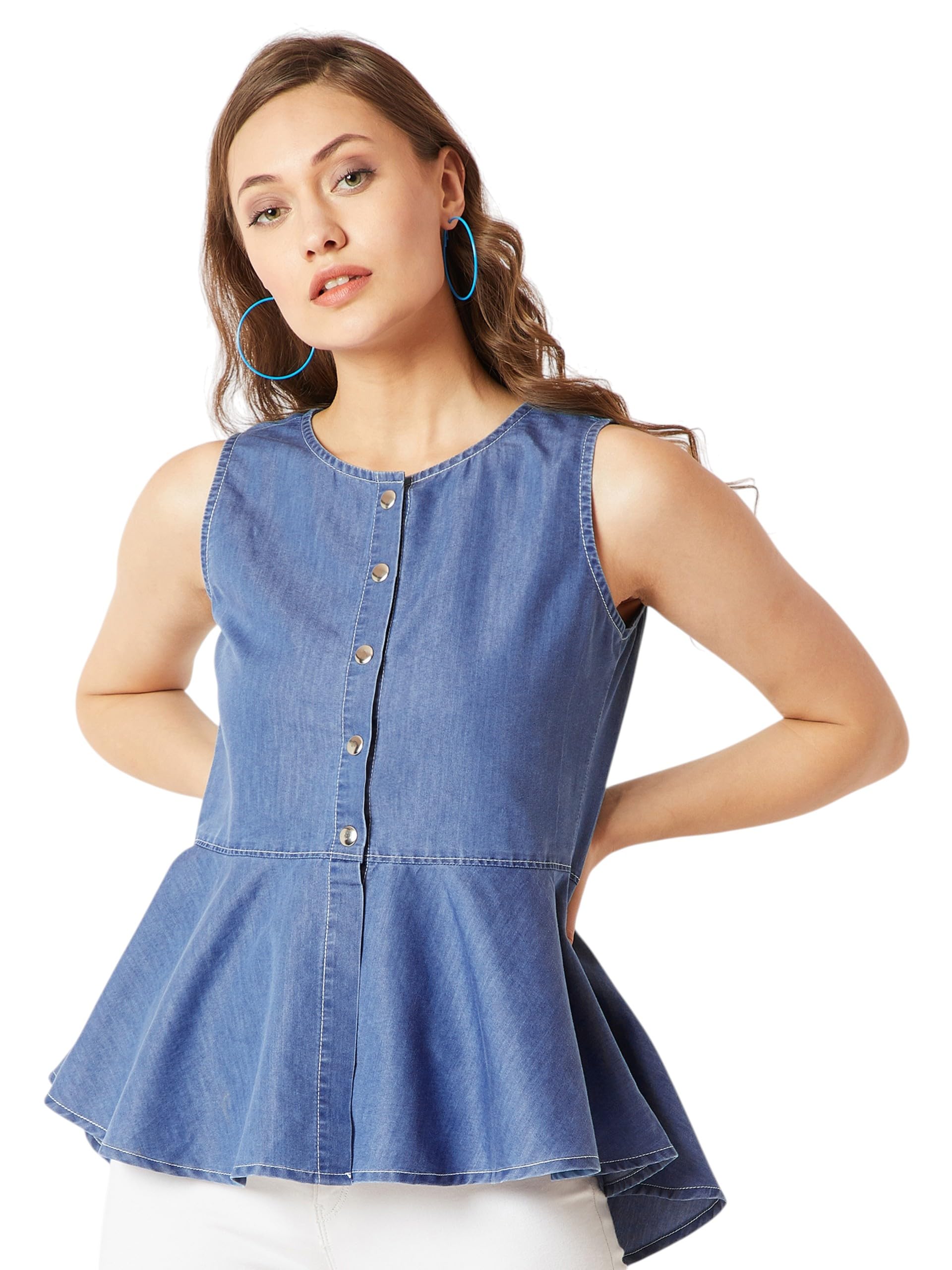 Miss Chase Womens Round Neck Sleeveless Denim Front Open Solid Peplum Top (MCAW25DEN61-36-569-05, Beryl Blue, L)