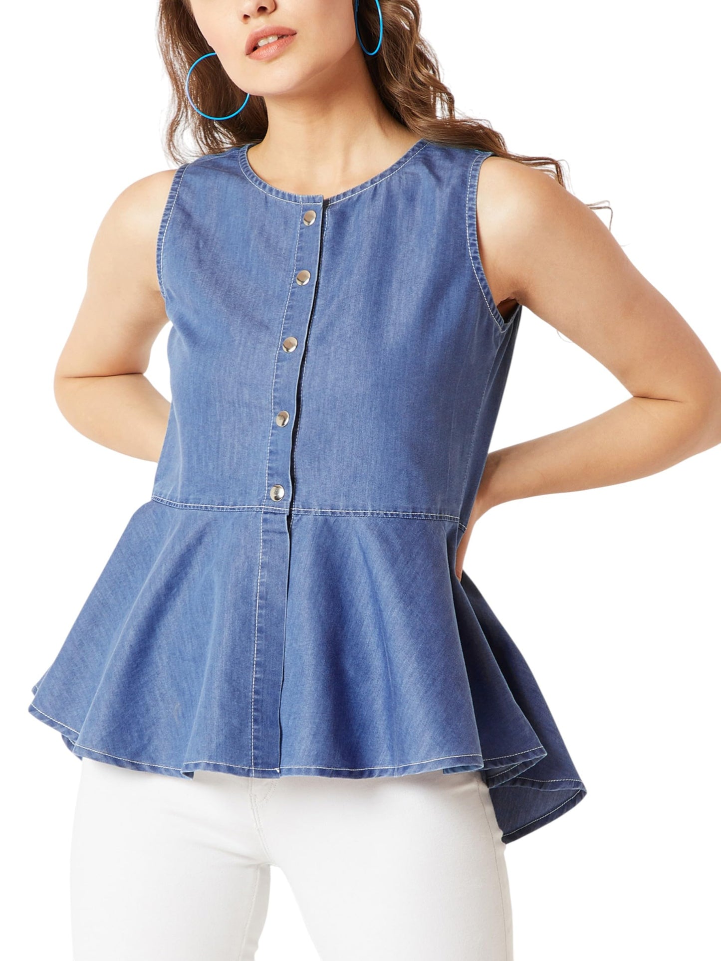 Miss Chase WomenS Round Neck Sleeveless Denim Front Open Solid Peplum Top (Mcaw25Den62-80-205-05, Azure Blue, L)
